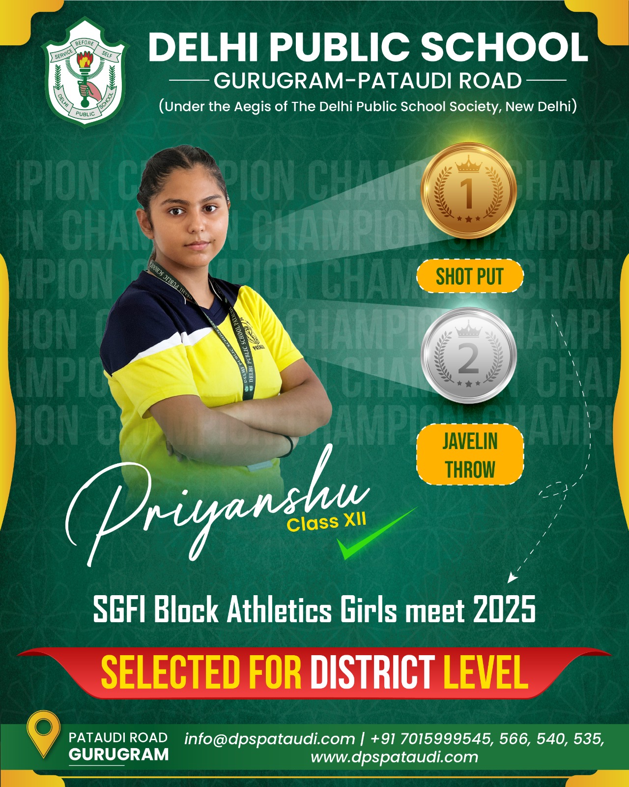 Priyanshu of DPS Pataudi wins Gold medal in ShotPut